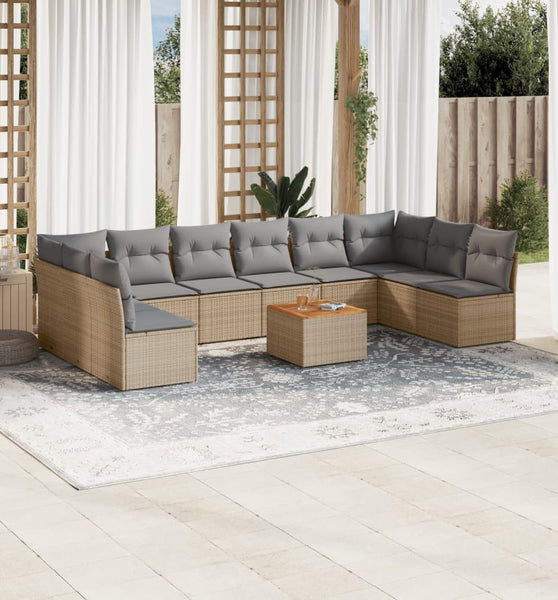 11-tlg. Garten-Sofagarnitur mit Kissen Beige Poly Rattan
