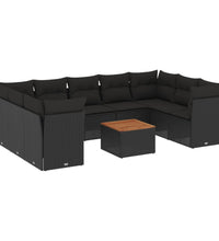 10-tlg. Garten-Sofagarnitur mit Kissen Schwarz Poly Rattan