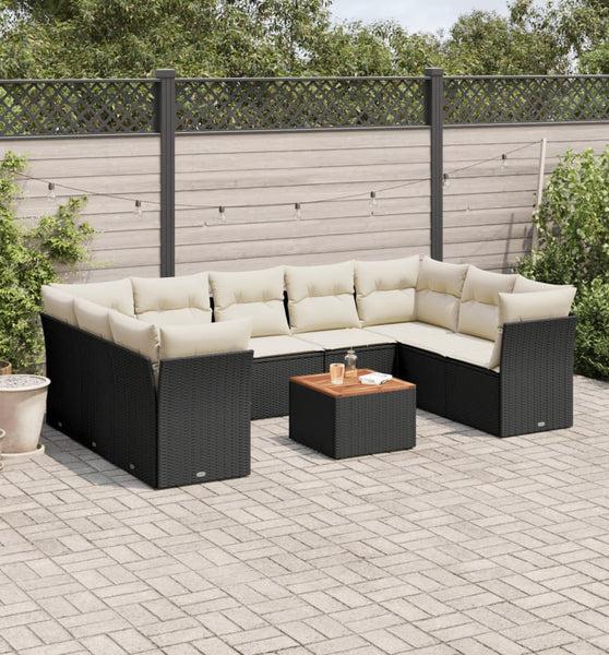 10-tlg. Garten-Sofagarnitur mit Kissen Schwarz Poly Rattan