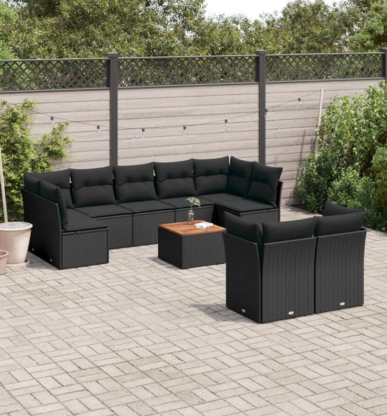 10-tlg. Garten-Sofagarnitur mit Kissen Schwarz Poly Rattan