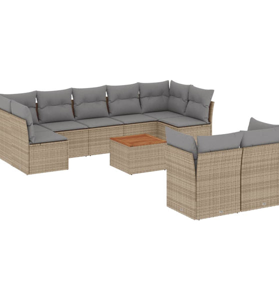 10-tlg. Garten-Sofagarnitur mit Kissen Beige Poly Rattan