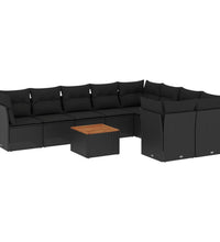 10-tlg. Garten-Sofagarnitur mit Kissen Schwarz Poly Rattan