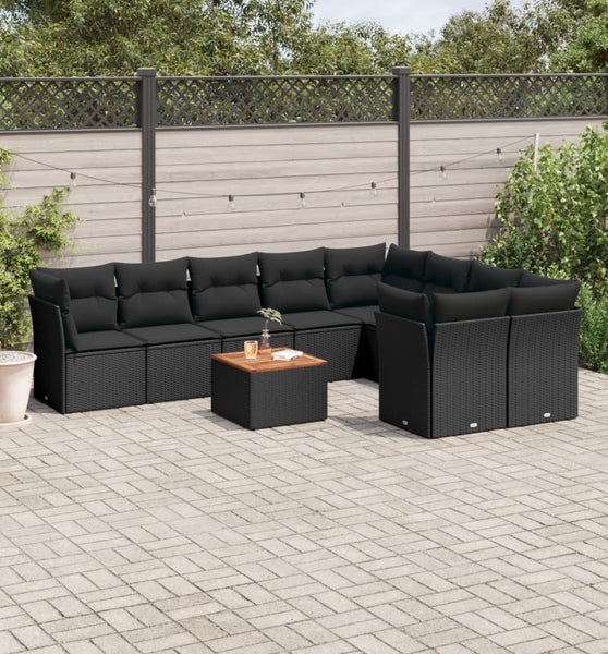 10-tlg. Garten-Sofagarnitur mit Kissen Schwarz Poly Rattan
