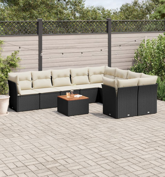 10-tlg. Garten-Sofagarnitur mit Kissen Schwarz Poly Rattan