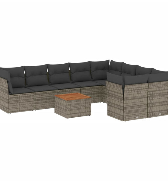 10-tlg. Garten-Sofagarnitur mit Kissen Grau Poly Rattan
