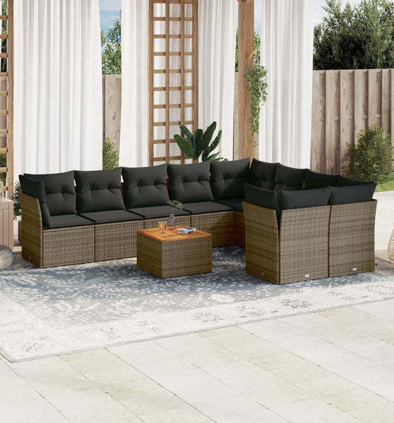 10-tlg. Garten-Sofagarnitur mit Kissen Grau Poly Rattan