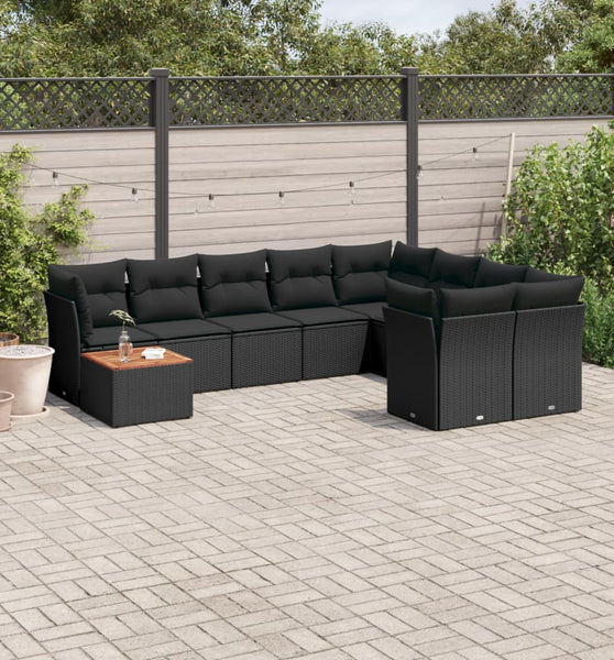 10-tlg. Garten-Sofagarnitur mit Kissen Schwarz Poly Rattan