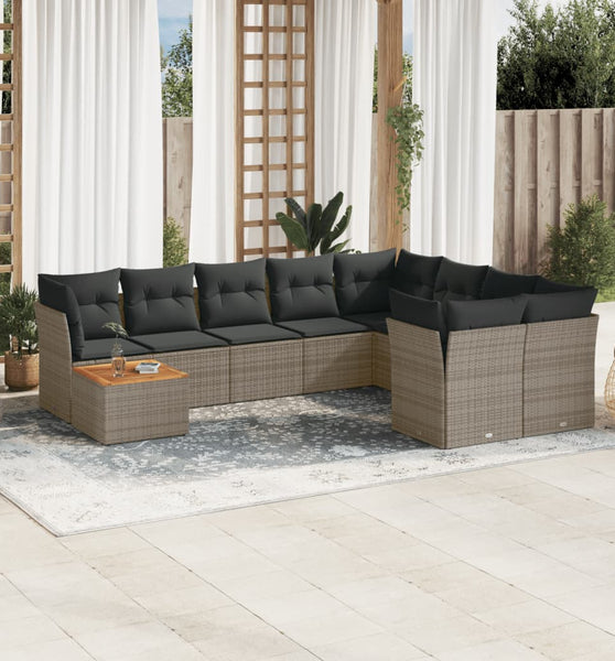 10-tlg. Garten-Sofagarnitur mit Kissen Grau Poly Rattan