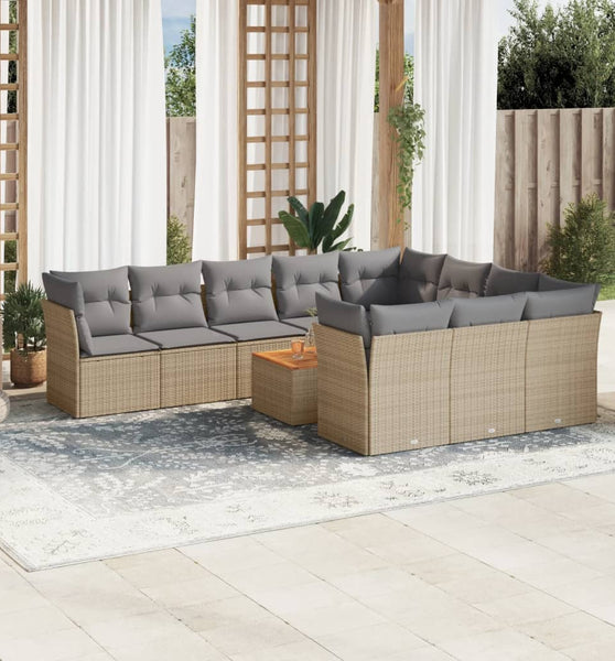 11-tlg. Garten-Sofagarnitur mit Kissen Beige Poly Rattan