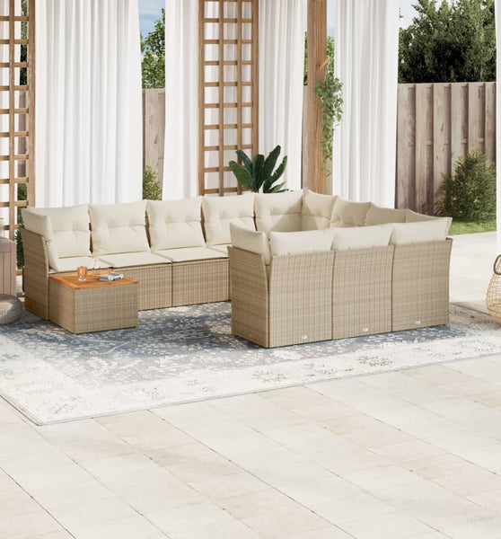 11-tlg. Garten-Sofagarnitur mit Kissen Beige Poly Rattan