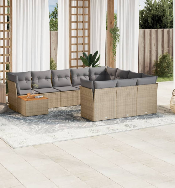 11-tlg. Garten-Sofagarnitur mit Kissen Beige Poly Rattan