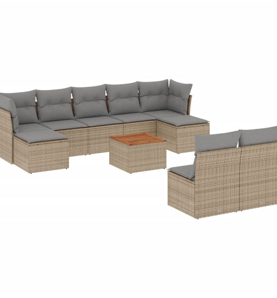 10-tlg. Garten-Sofagarnitur mit Kissen Beige Poly Rattan