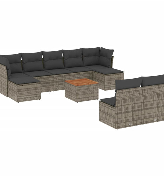 10-tlg. Garten-Sofagarnitur mit Kissen Grau Poly Rattan