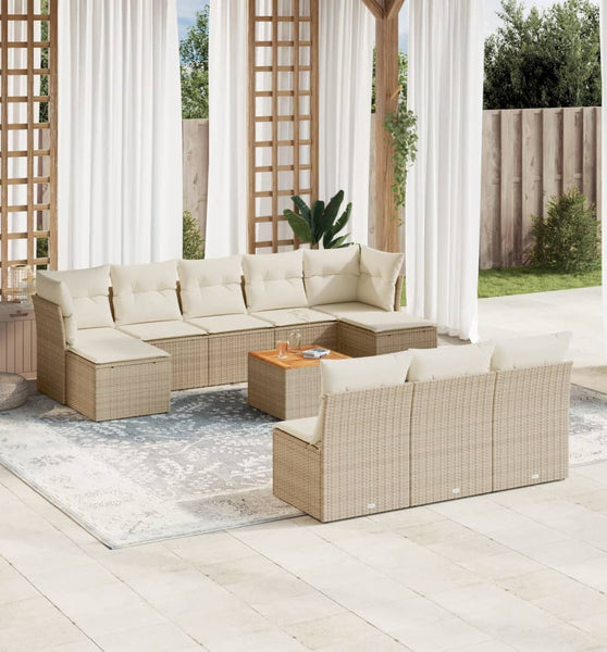 11-tlg. Garten-Sofagarnitur mit Kissen Beige Poly Rattan
