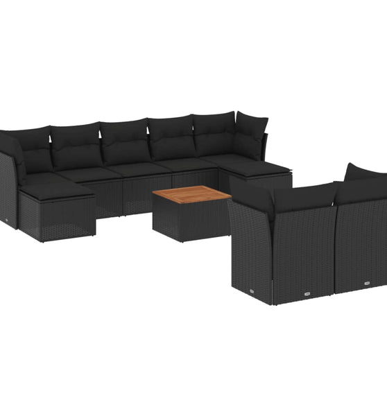 10-tlg. Garten-Sofagarnitur mit Kissen Schwarz Poly Rattan