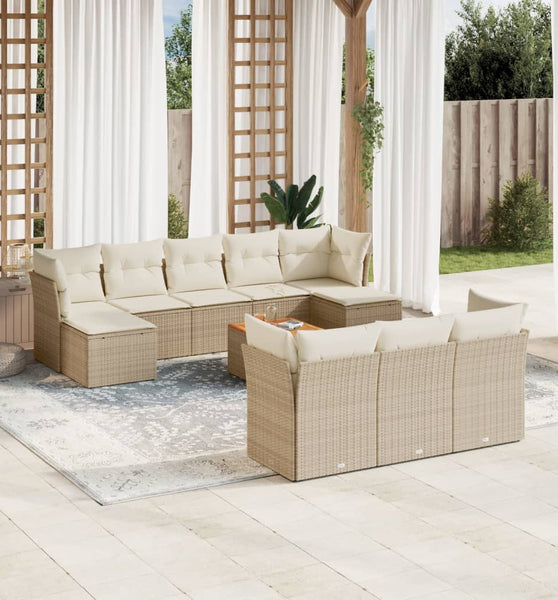 11-tlg. Garten-Sofagarnitur mit Kissen Beige Poly Rattan