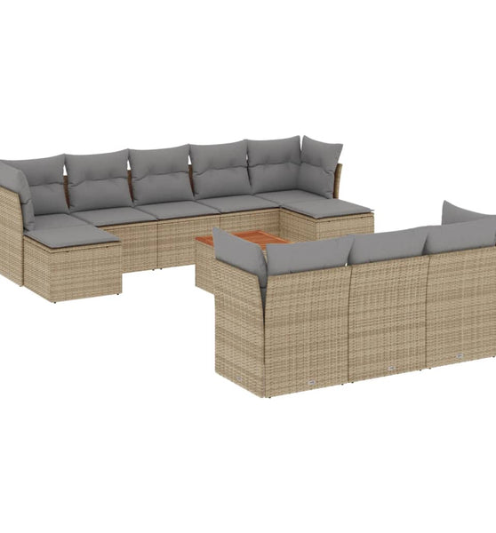 11-tlg. Garten-Sofagarnitur mit Kissen Beige Poly Rattan