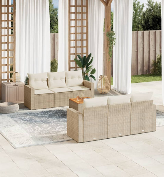 7-tlg. Garten-Sofagarnitur mit Kissen Beige Poly Rattan