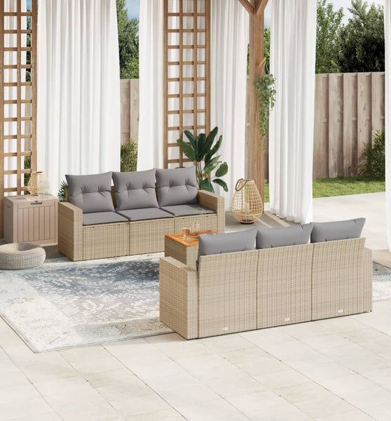 7-tlg. Garten-Sofagarnitur mit Kissen Beige Poly Rattan