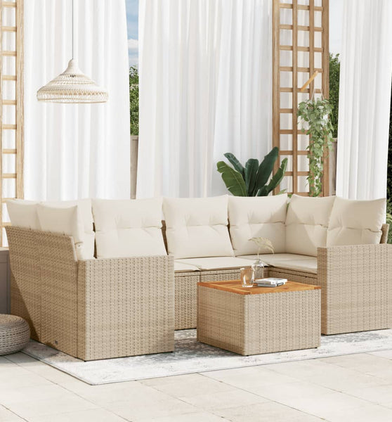 7-tlg. Garten-Sofagarnitur mit Kissen Beige Poly Rattan