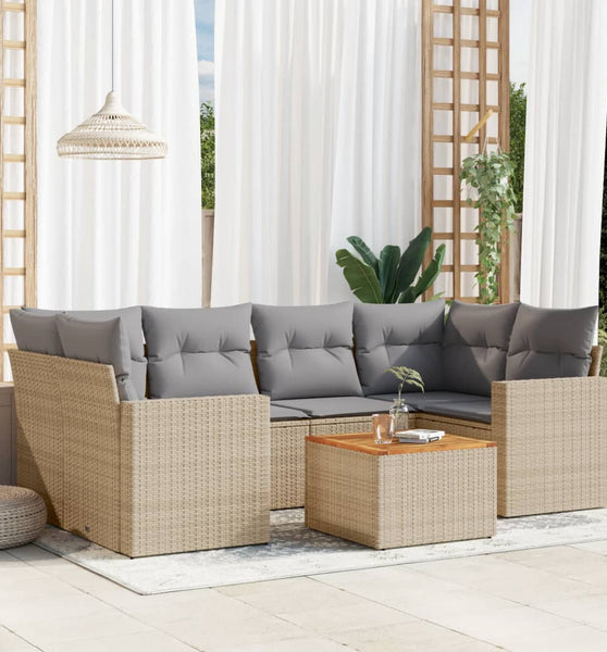 7-tlg. Garten-Sofagarnitur mit Kissen Beige Poly Rattan