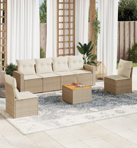 7-tlg. Garten-Sofagarnitur mit Kissen Beige Poly Rattan
