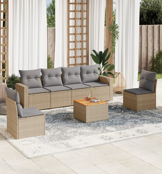 7-tlg. Garten-Sofagarnitur mit Kissen Beige Poly Rattan
