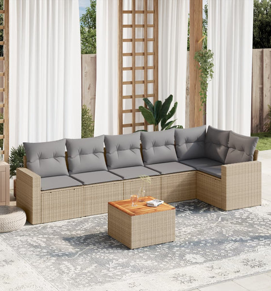 7-tlg. Garten-Sofagarnitur mit Kissen Beige Poly Rattan