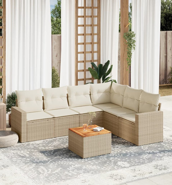 7-tlg. Garten-Sofagarnitur mit Kissen Beige Poly Rattan