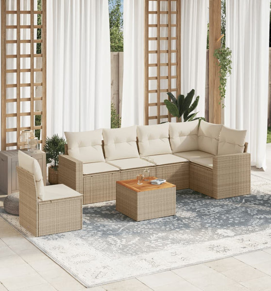 7-tlg. Garten-Sofagarnitur mit Kissen Beige Poly Rattan