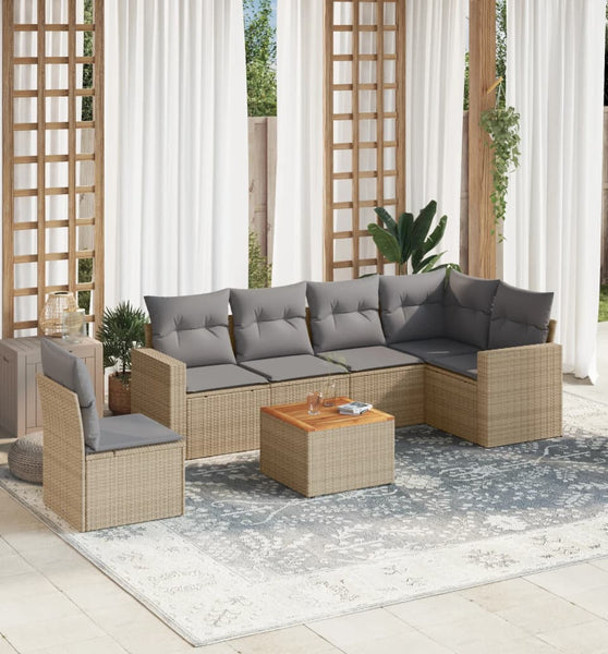 7-tlg. Garten-Sofagarnitur mit Kissen Beige Poly Rattan