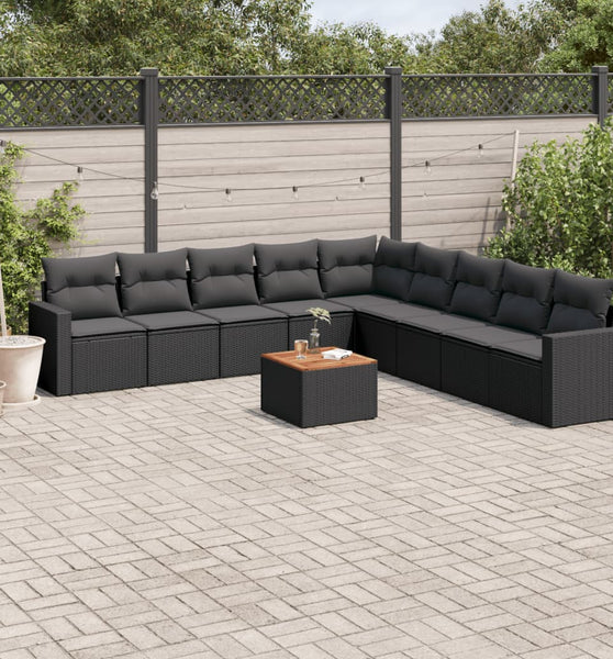 10-tlg. Garten-Sofagarnitur mit Kissen Schwarz Poly Rattan