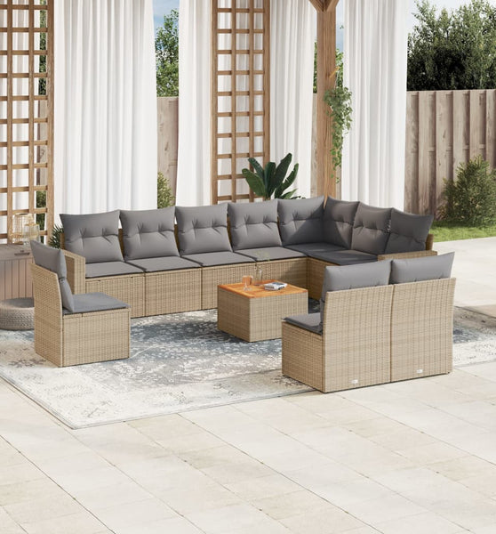 11-tlg. Garten-Sofagarnitur mit Kissen Beige Poly Rattan