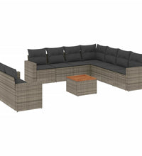 10-tlg. Garten-Sofagarnitur mit Kissen Grau Poly Rattan
