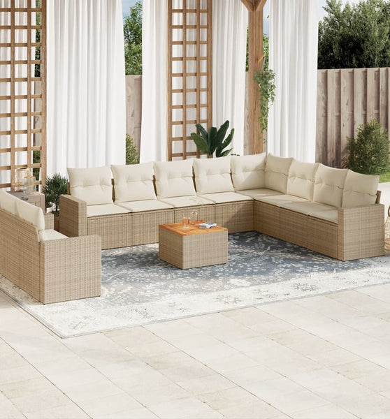 11-tlg. Garten-Sofagarnitur mit Kissen Beige Poly Rattan