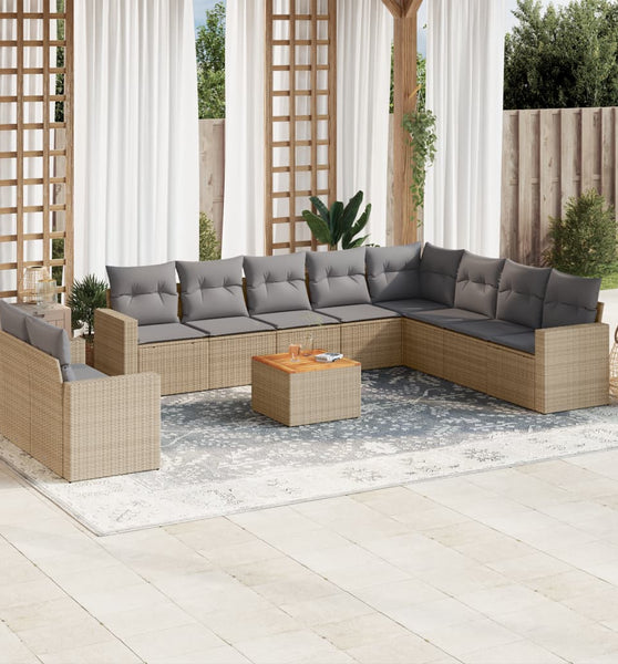 11-tlg. Garten-Sofagarnitur mit Kissen Beige Poly Rattan