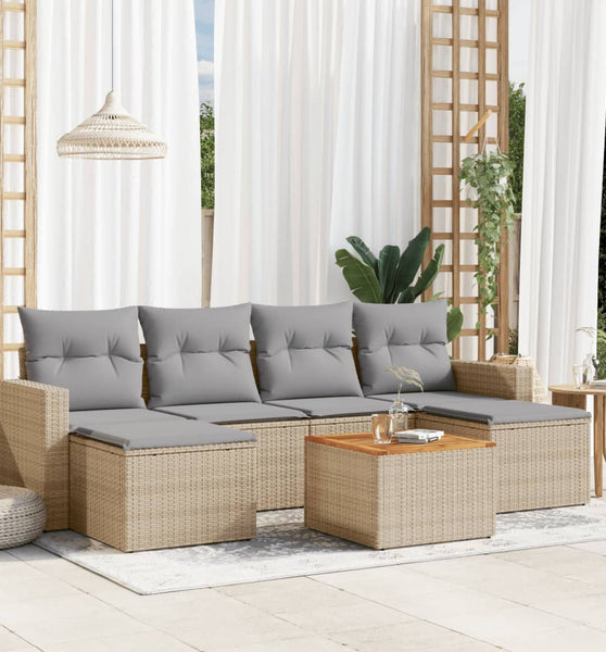 7-tlg. Garten-Sofagarnitur mit Kissen Beige Poly Rattan