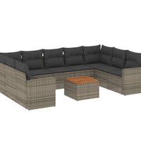10-tlg. Garten-Sofagarnitur mit Kissen Grau Poly Rattan