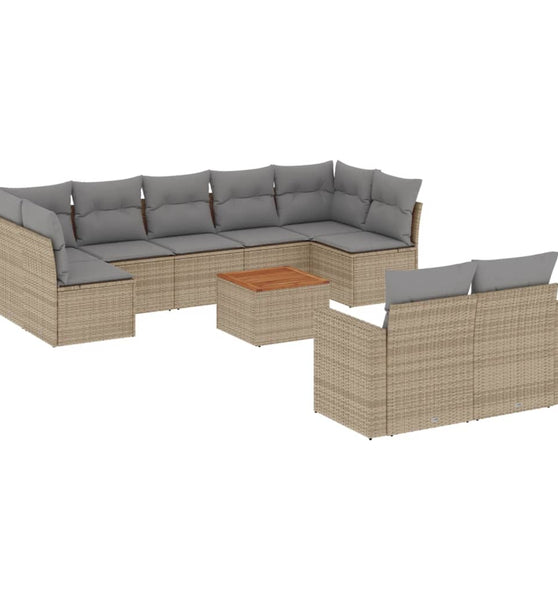10-tlg. Garten-Sofagarnitur mit Kissen Beige Poly Rattan