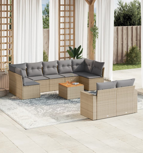 10-tlg. Garten-Sofagarnitur mit Kissen Beige Poly Rattan
