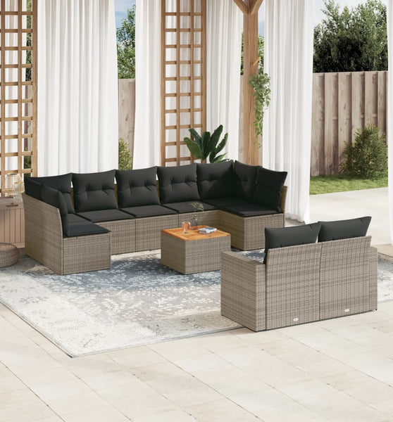 10-tlg. Garten-Sofagarnitur mit Kissen Grau Poly Rattan