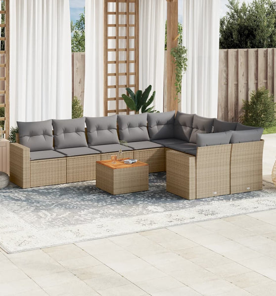 10-tlg. Garten-Sofagarnitur mit Kissen Beige Poly Rattan