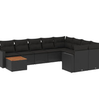 10-tlg. Garten-Sofagarnitur mit Kissen Schwarz Poly Rattan