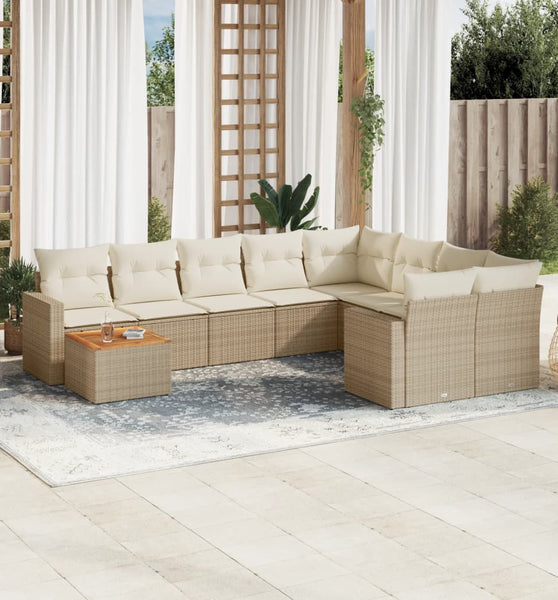 10-tlg. Garten-Sofagarnitur mit Kissen Beige Poly Rattan