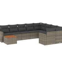 10-tlg. Garten-Sofagarnitur mit Kissen Grau Poly Rattan