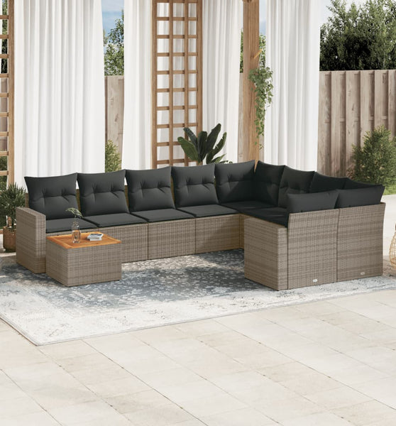10-tlg. Garten-Sofagarnitur mit Kissen Grau Poly Rattan
