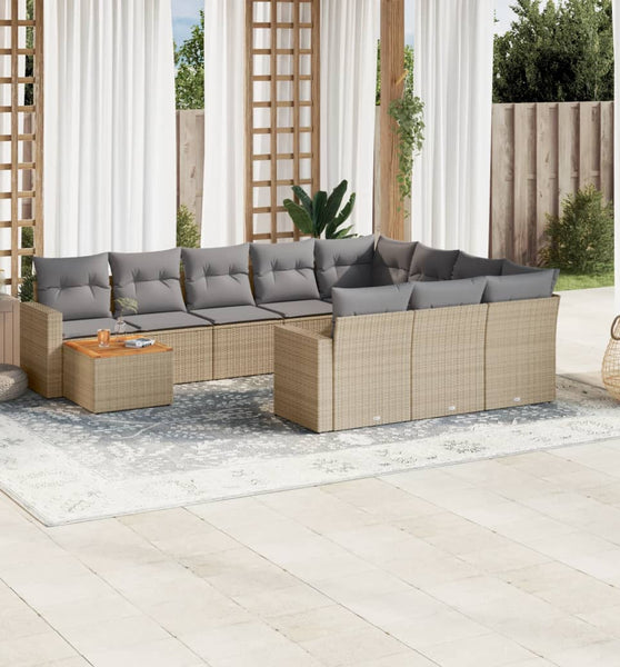 11-tlg. Garten-Sofagarnitur mit Kissen Beige Poly Rattan