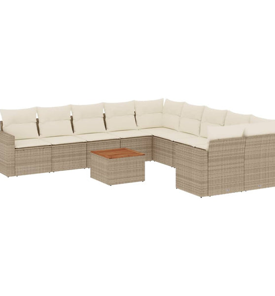 11-tlg. Garten-Sofagarnitur mit Kissen Beige Poly Rattan