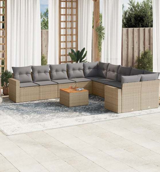 11-tlg. Garten-Sofagarnitur mit Kissen Beige Poly Rattan