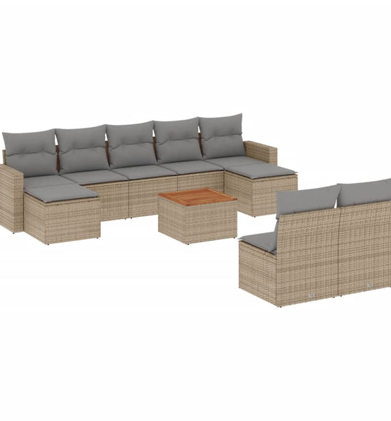 10-tlg. Garten-Sofagarnitur mit Kissen Beige Poly Rattan